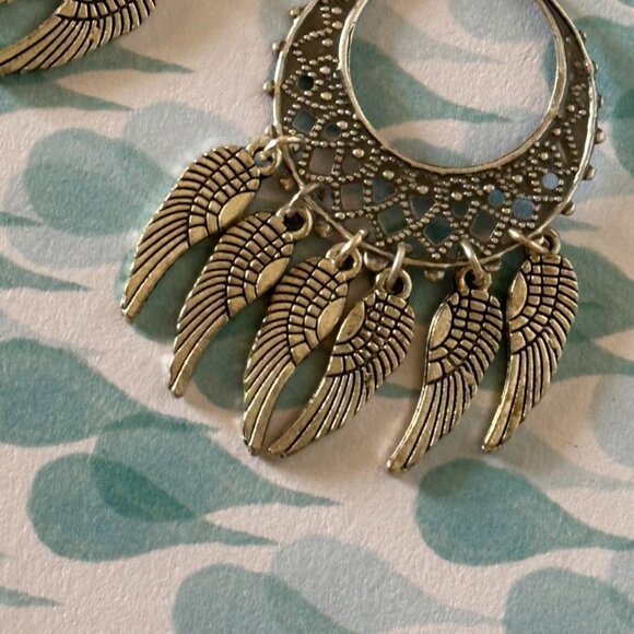 NEW Handmade- Feathered Hoop - Dangle Earrings in Antique Silver Tones - Picture 5 of 10